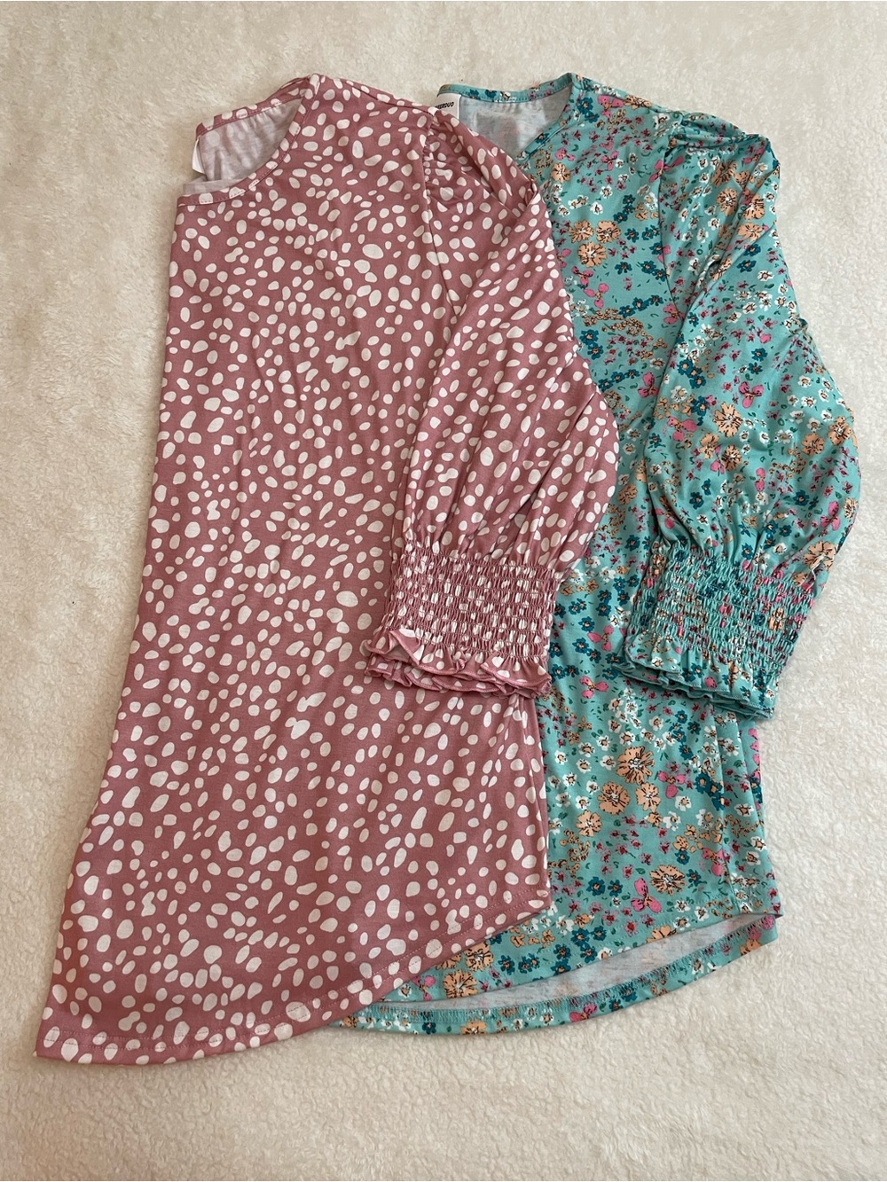 Xieerduo Bundle Dusty Pink Polka Dot & Aqua Floral Smocked Sleeve Tops - XXl